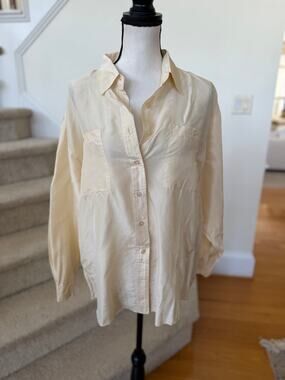 Vintage 90s Minimalist Cream White Silk Long Sleeve Collared Button Down Career